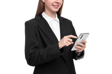 Photo of Woman sending message via smartphone isolated on white, closeup
