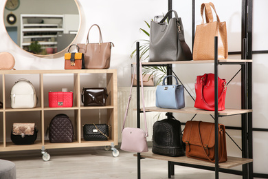 Photo of Collection of stylish woman's bags in modern store