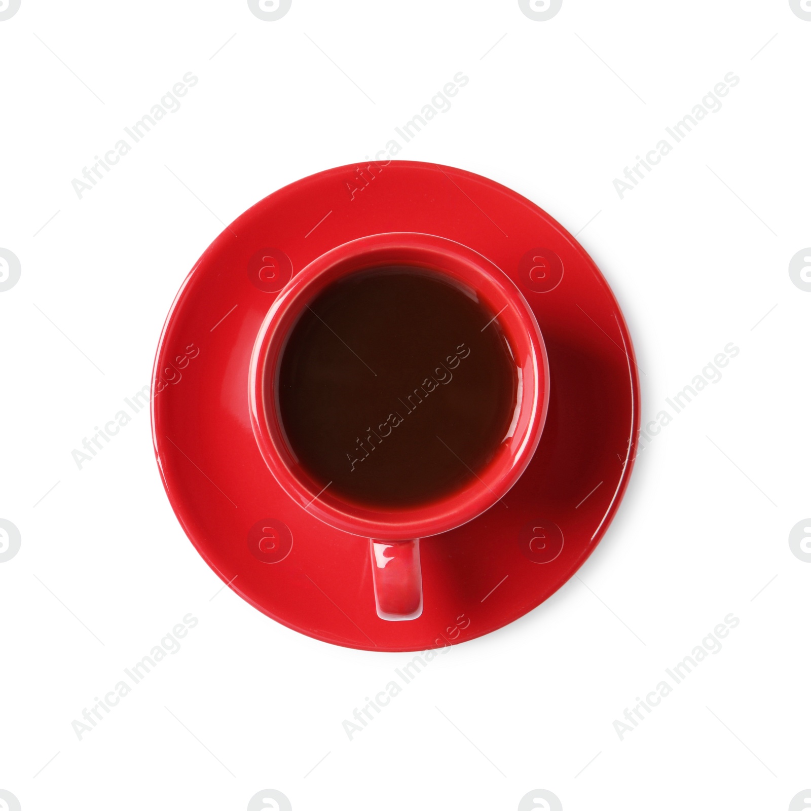 Photo of Tasty coffee in cup isolated on white, top view