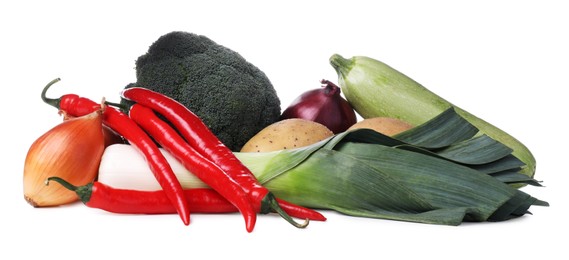 Photo of Heap of fresh ripe vegetables on white background