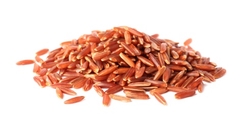 Photo of Pile of uncooked brown rice on white background