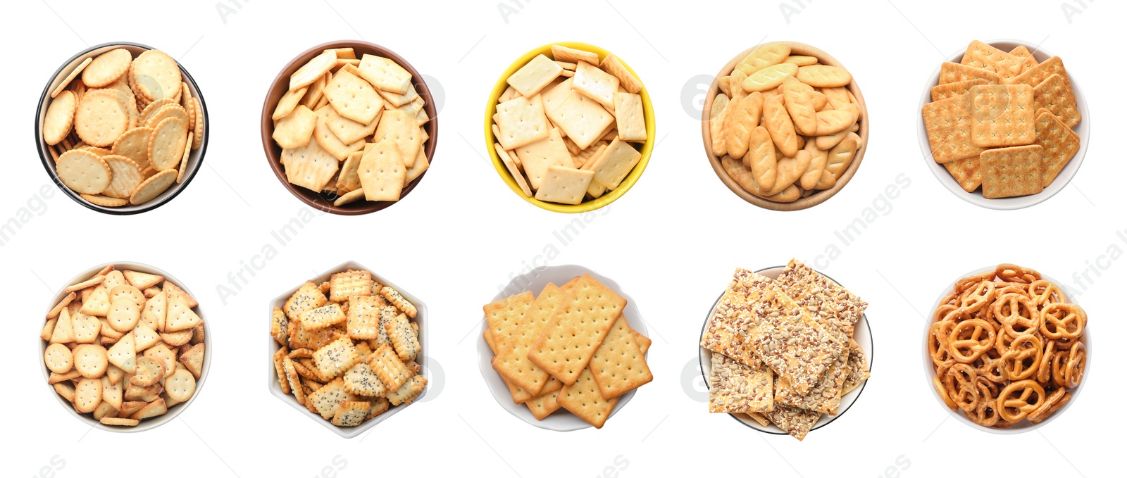 Image of Set of different tasty crackers in bowls on white background, top view