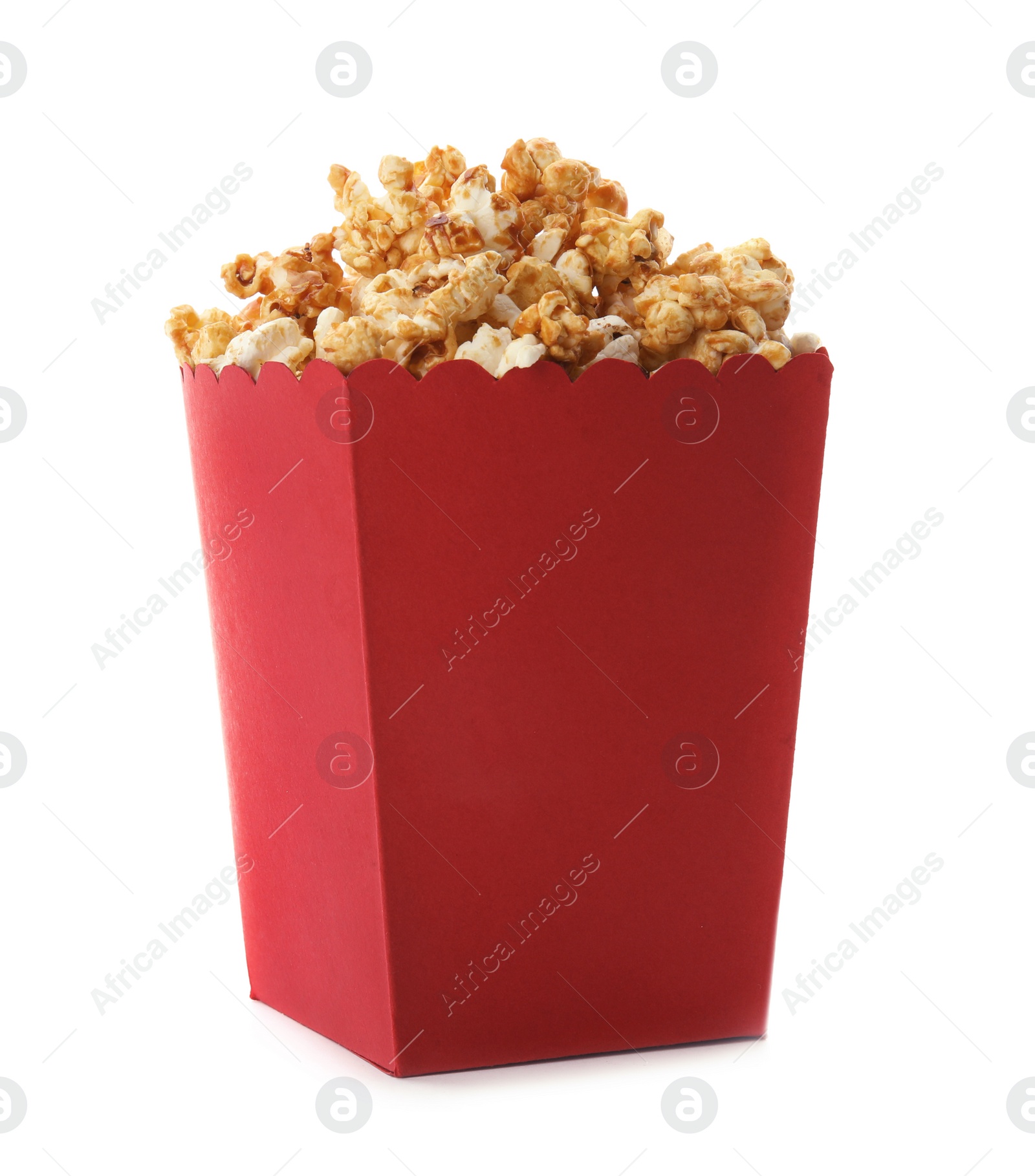 Photo of Red bucket with delicious caramel popcorn on white background