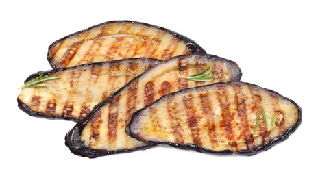 Photo of Slices of tasty grilled eggplant and rosemary isolated on white