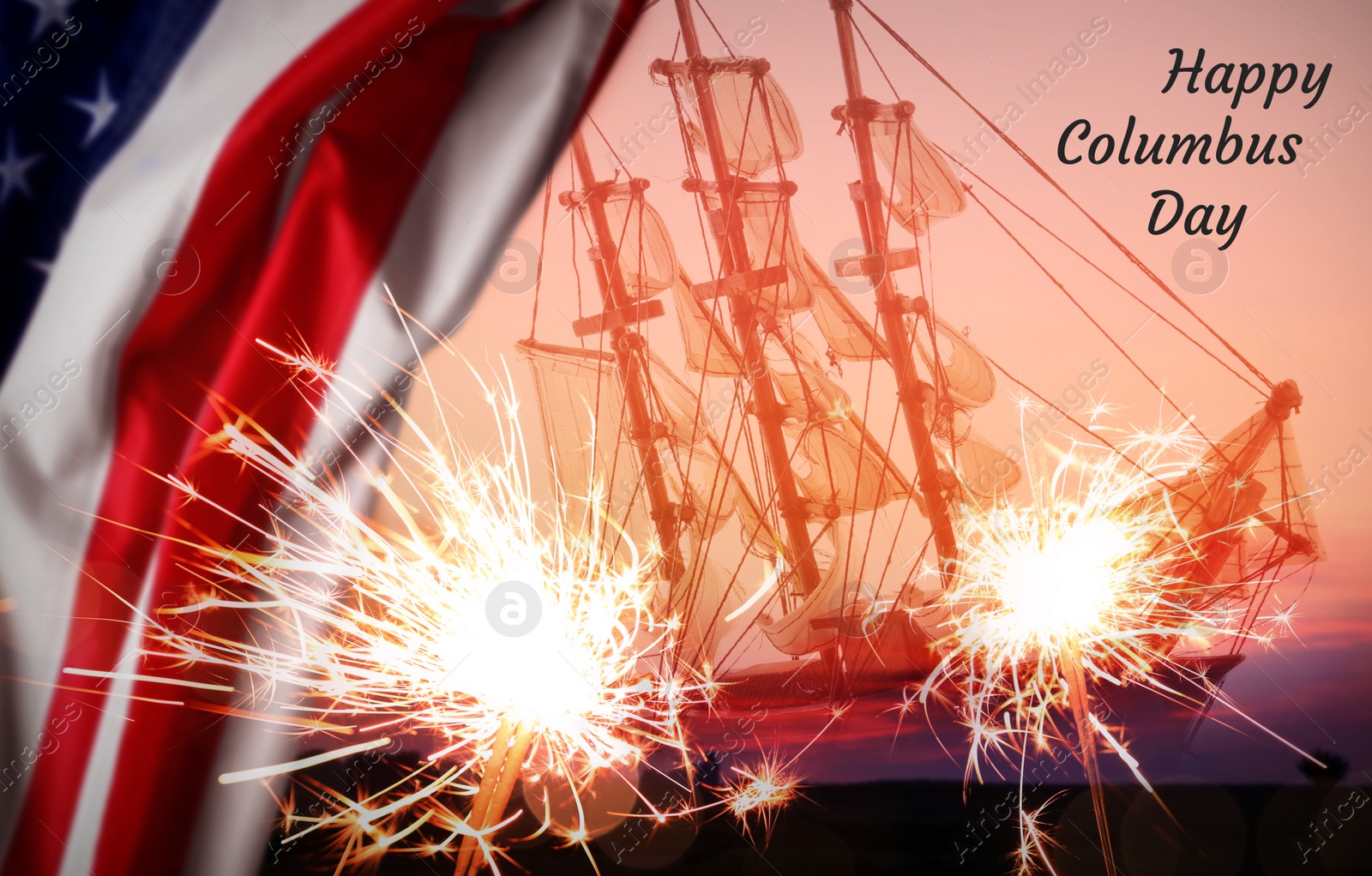 Image of Happy Columbus Day. Burning sparkler, American flag and ship at sunset