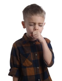 Photo of Sick boy coughing on white background. Cold symptoms