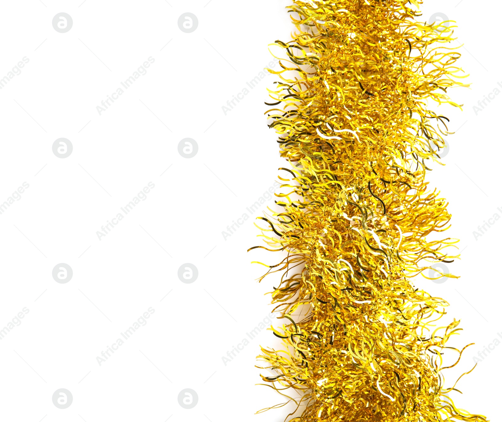 Photo of Shiny golden tinsel isolated on white, top view