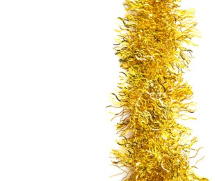 Shiny golden tinsel isolated on white, top view