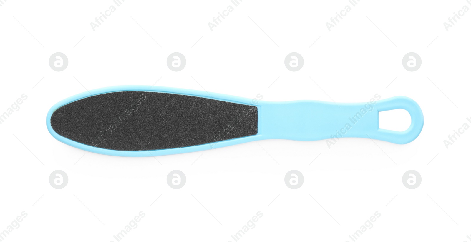 Photo of Light blue foot file on white background, top view. Pedicure tool