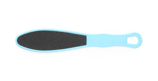 Photo of Light blue foot file on white background, top view. Pedicure tool