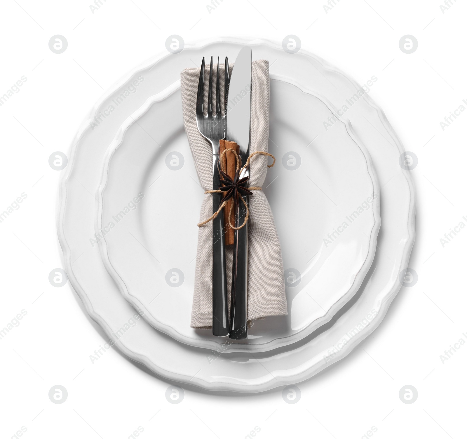 Photo of Elegant table setting on white background, top view