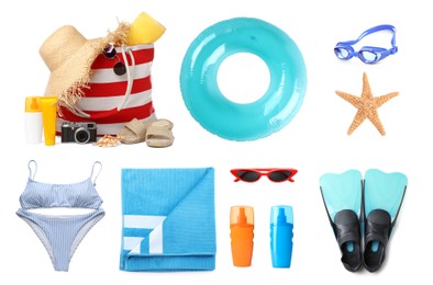 Set with stylish beach bag and other accessories on white background