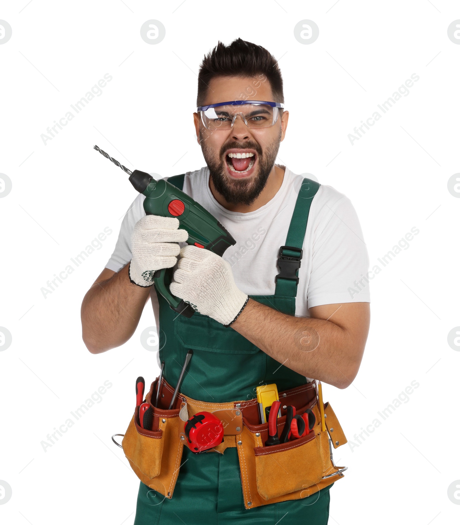 Photo of Emotional worker in uniform with power drill on white background