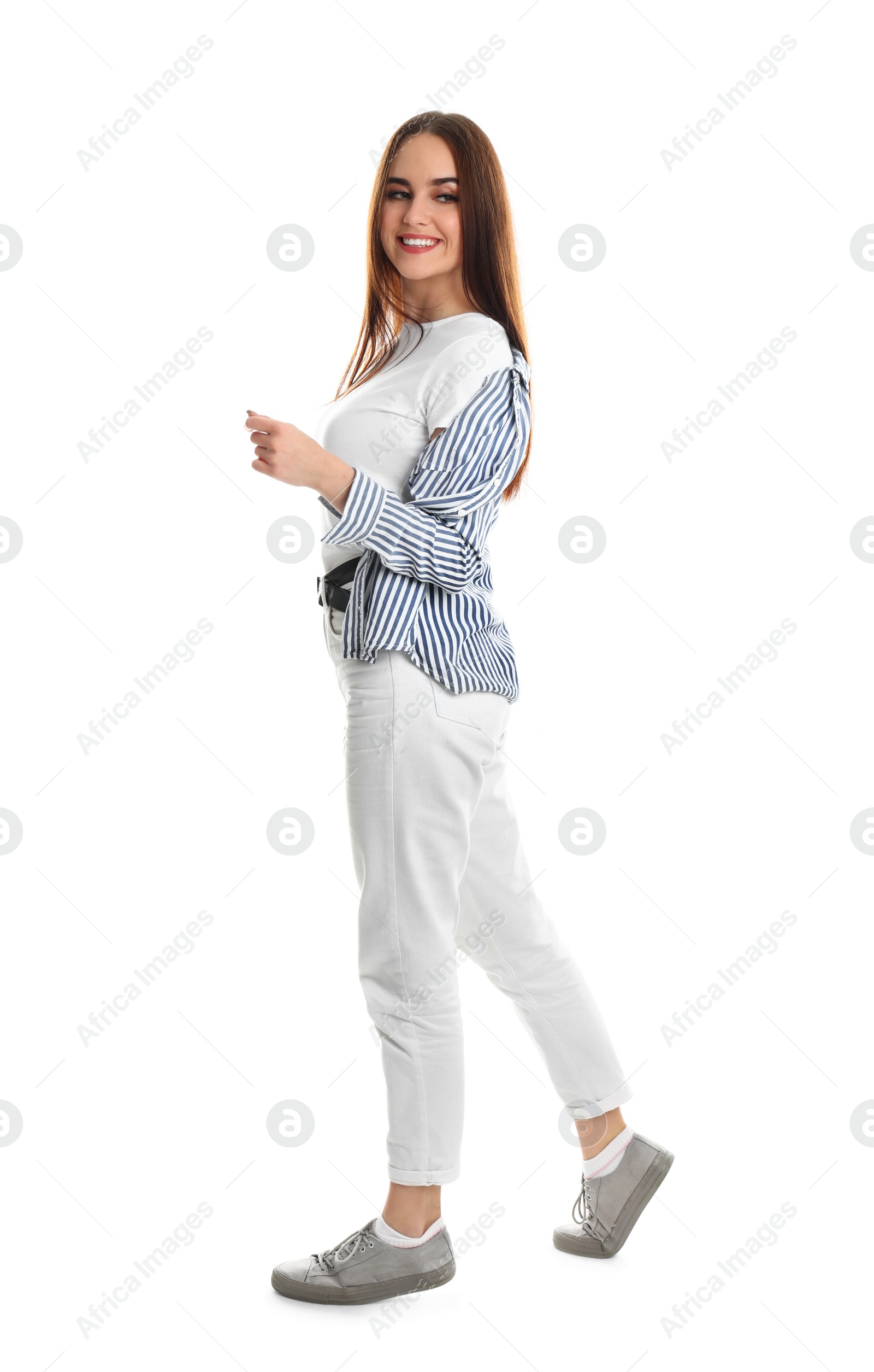 Photo of Full length portrait of happy woman on white background