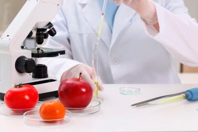 Quality control. Food inspector checking safety of products in laboratory, closeup