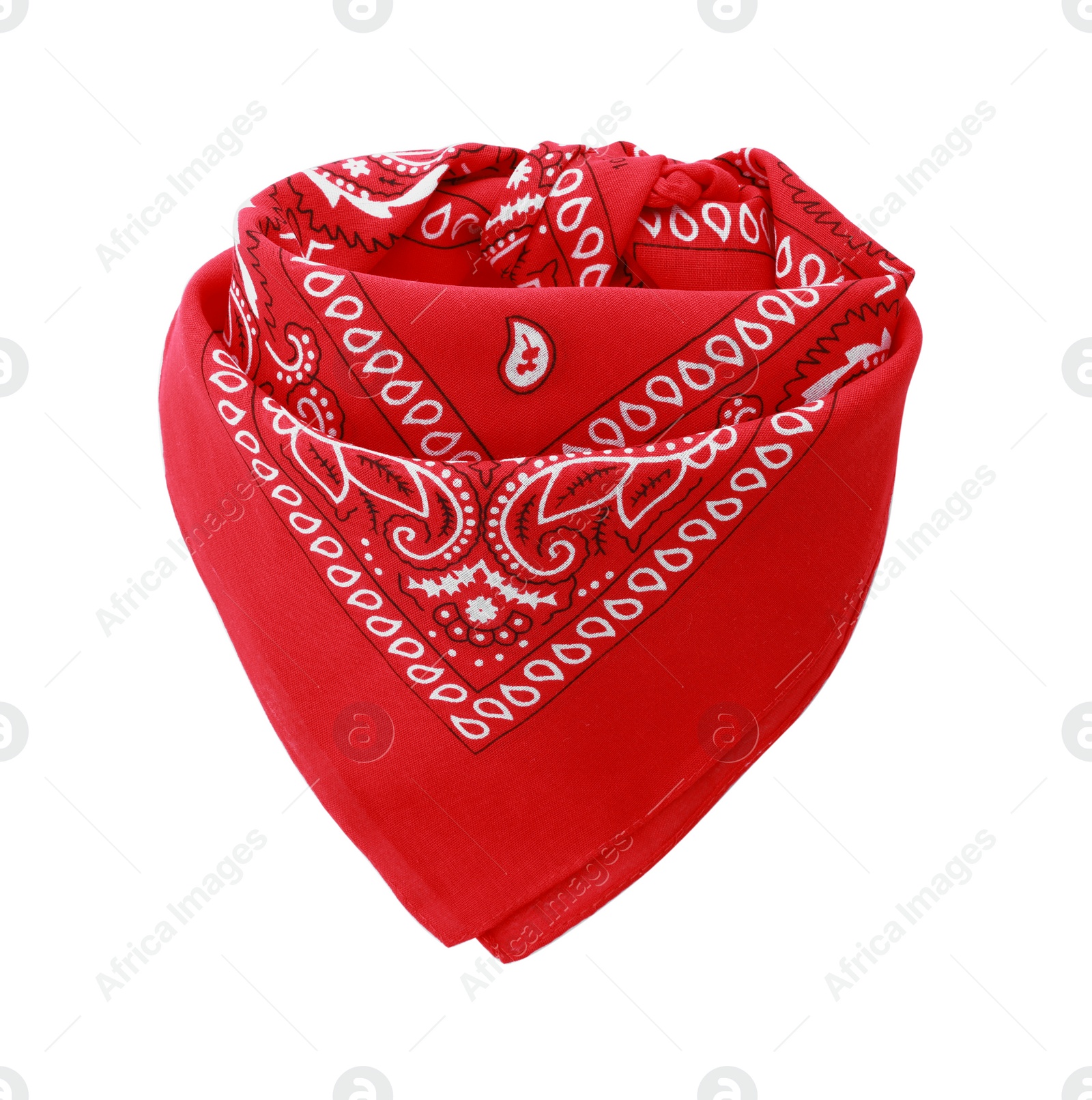 Photo of Tied red bandana with paisley pattern isolated on white