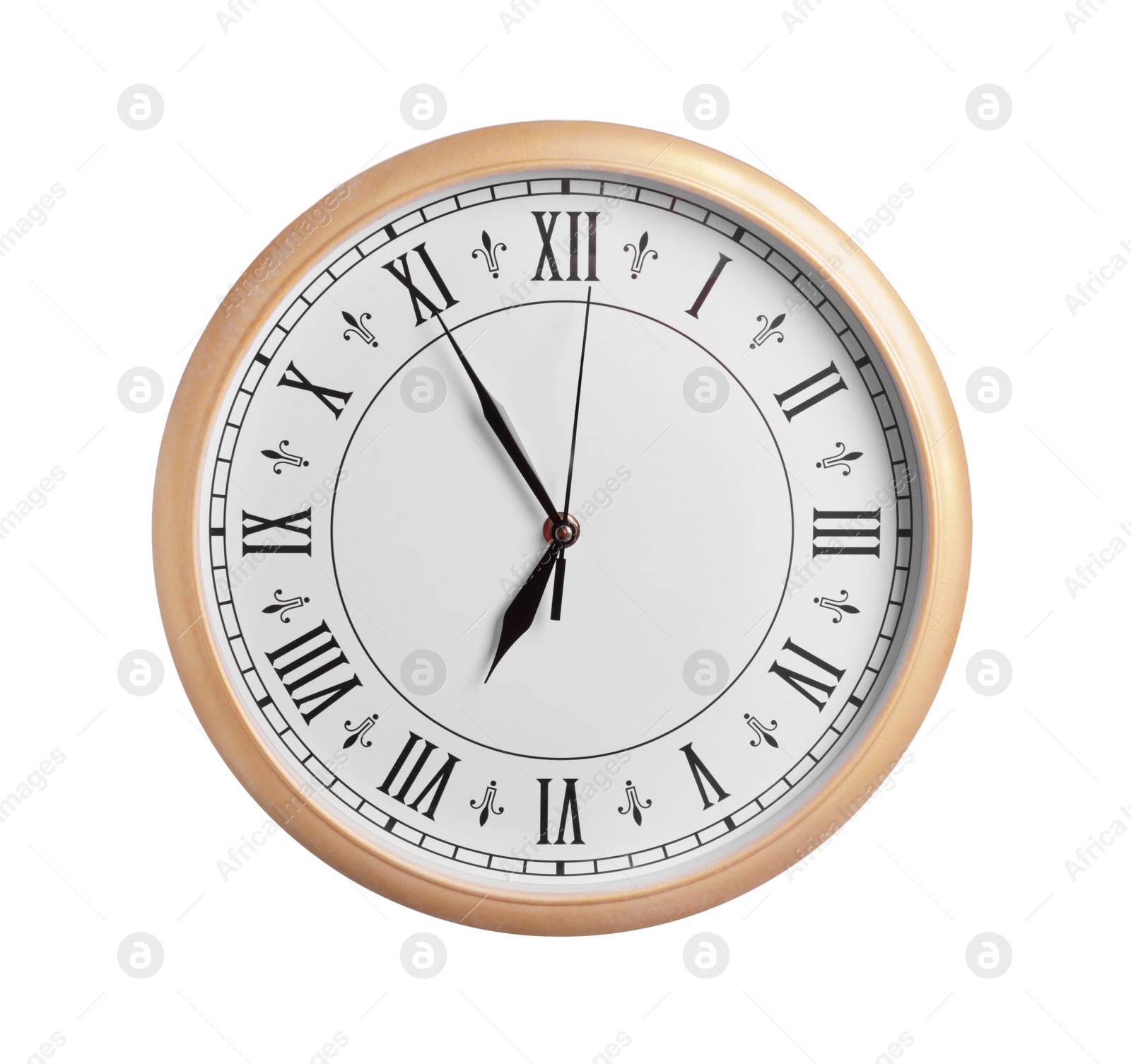 Photo of Stylish round clock isolated on white. Interior element