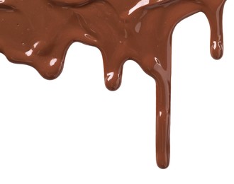 Photo of Tasty melted milk chocolate pouring down on white background