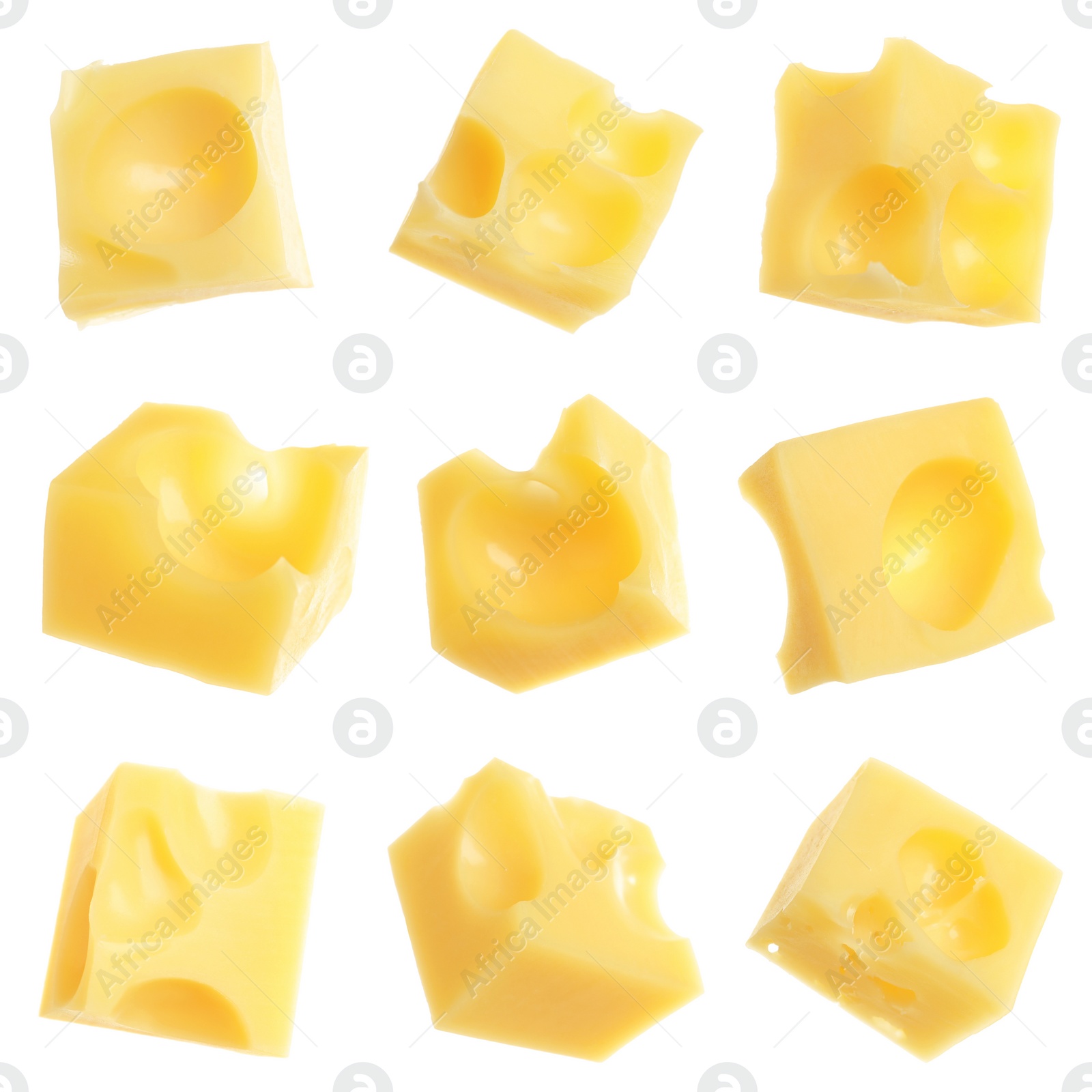 Image of Pieces of delicious cheese on white background, collage