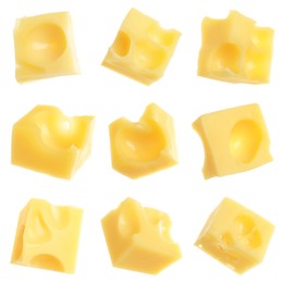 Image of Pieces of delicious cheese on white background, collage