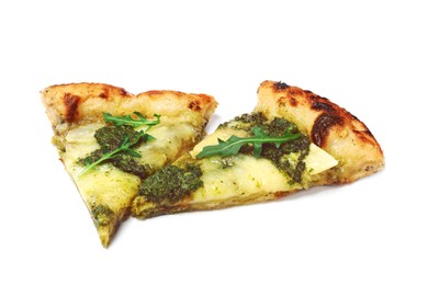 Photo of Slices of delicious pizza with pesto, cheese and arugula on white background