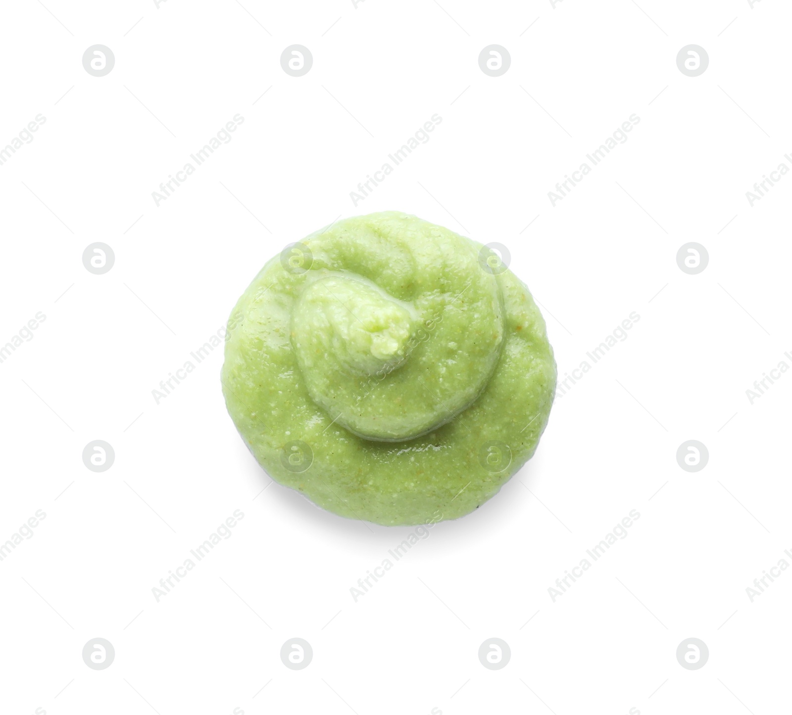 Photo of Swirl of delicious spicy wasabi paste isolated on white, top view