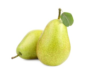 Photo of Tasty ripe pears with leaf on white background