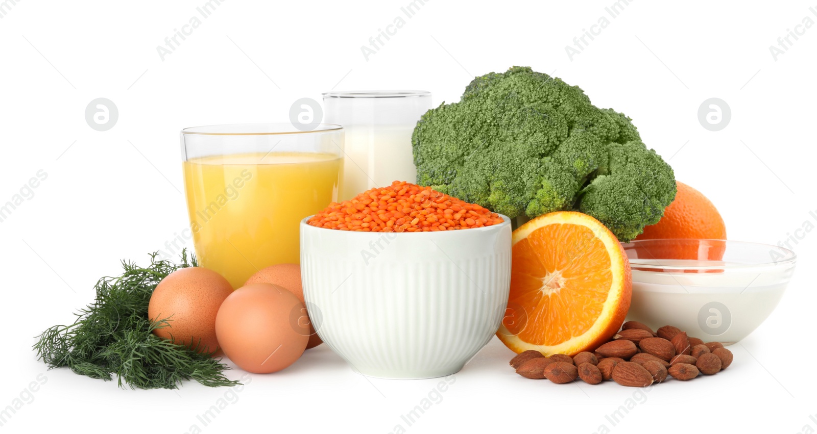 Photo of Set of natural food high in calcium on white background