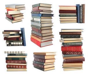 Image of Collection of different hardcover books on white background