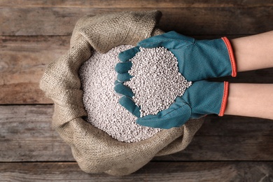 Woman with handful of fertilizer over bag on wooden table, top view. Horticulture and gardening