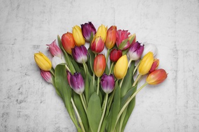Photo of Beautiful colorful tulip flowers on white stone background, top view
