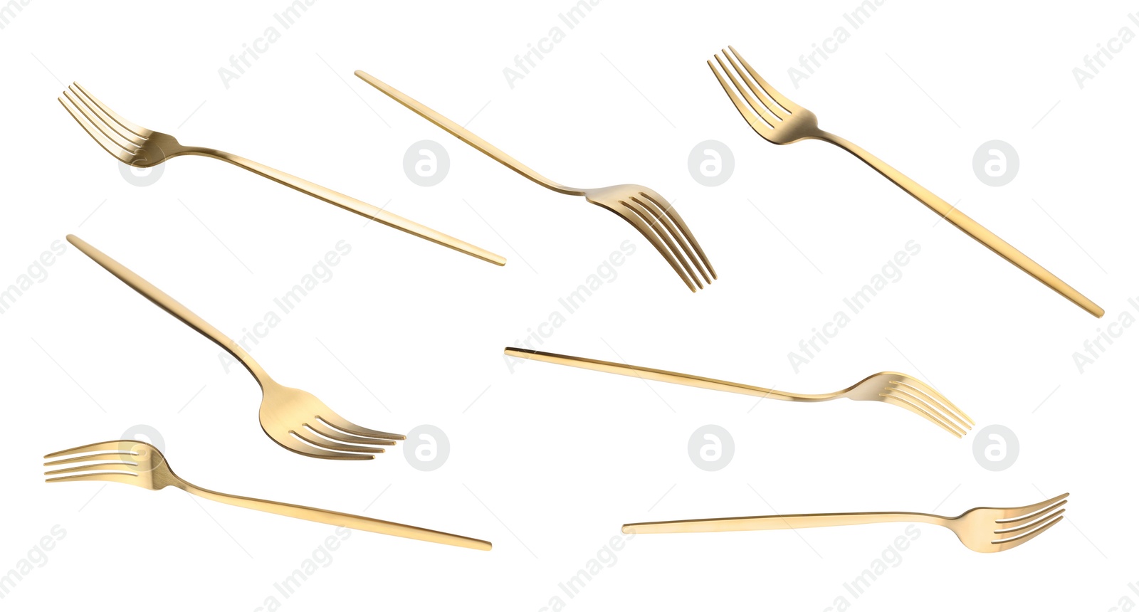 Image of Shiny golden forks isolated on white, set