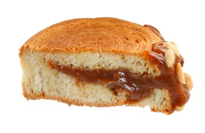 Photo of Half of round croissant with chocolate paste and nuts isolated on white. Tasty puff pastry