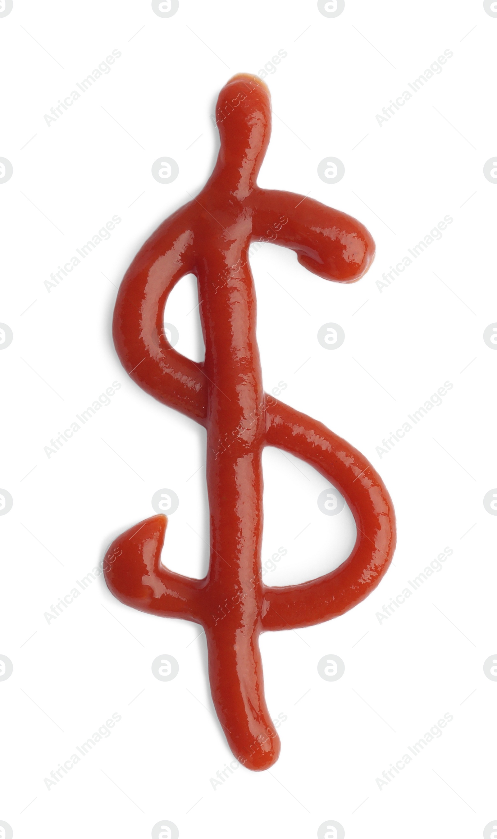 Photo of Dollar symbol drawn by ketchup on white background