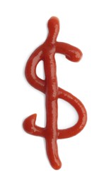 Photo of Dollar symbol drawn by ketchup on white background