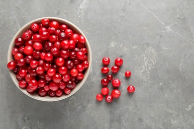 Photo of Cranberries in bowl on light grey table, top view. Space for text