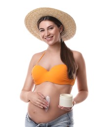Photo of Young pregnant woman with sun protection cream on white background