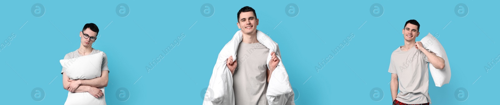 Image of Man in pajamas on light blue background, collage of photos