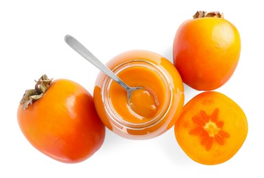 Photo of Delicious persimmon jam and fresh fruits isolated on white, top view