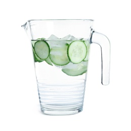 Photo of Jug of fresh cucumber water on white background