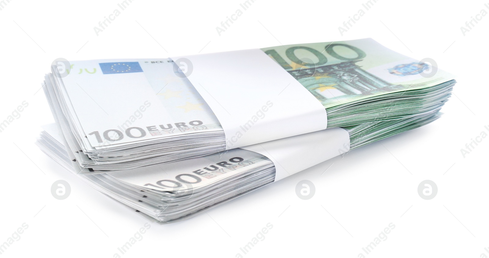 Photo of Stacks of euro banknotes isolated on white. Money and finance