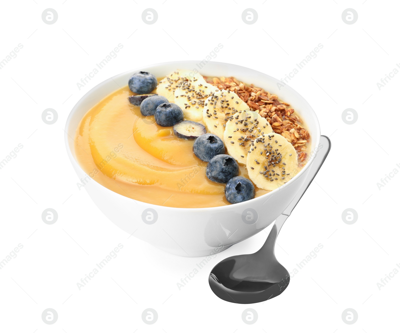 Photo of Delicious smoothie bowl with fresh blueberries, banana and granola on white background