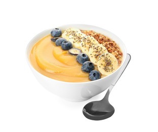 Photo of Delicious smoothie bowl with fresh blueberries, banana and granola on white background