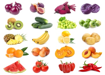 Image of Assortment of organic fresh fruits and vegetables on white background