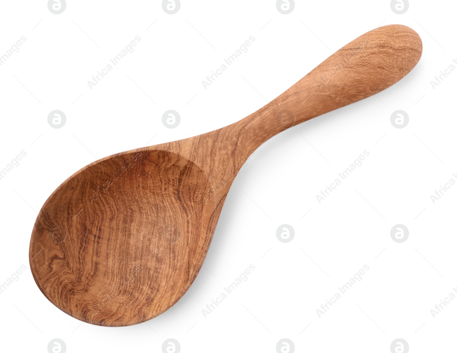 Photo of New handmade wooden spoon isolated on white, top view