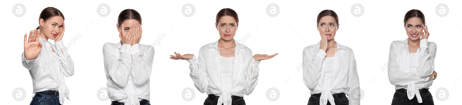 Image of Embarrassed woman on white background, set with photos