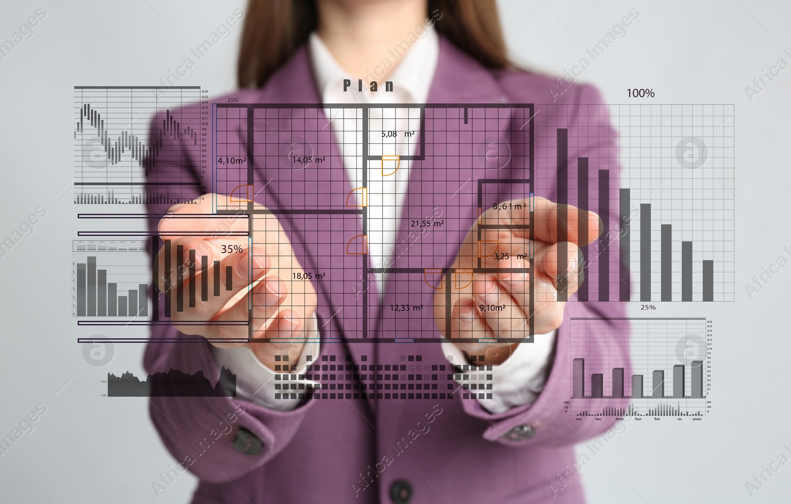 Image of Designer presenting house planning with charts on light background