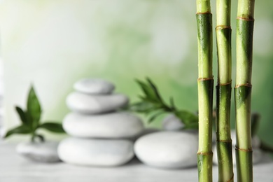 Photo of Bamboo branches against blurred spa stones on table. Space for text