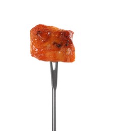 Photo of Fondue fork with piece of fried meat isolated on white