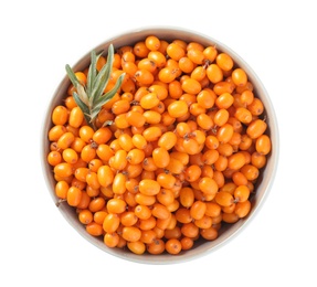 Fresh ripe sea buckthorn berries in bowl isolated on white, top view